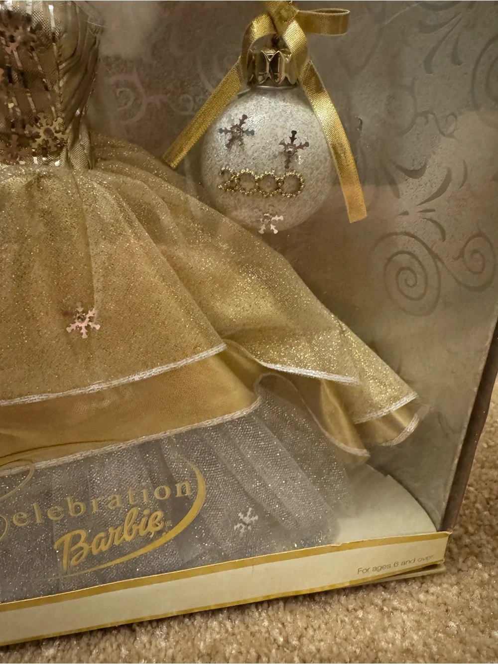 Barbie Gold Celebration Party Doll with White Fur and Ornament